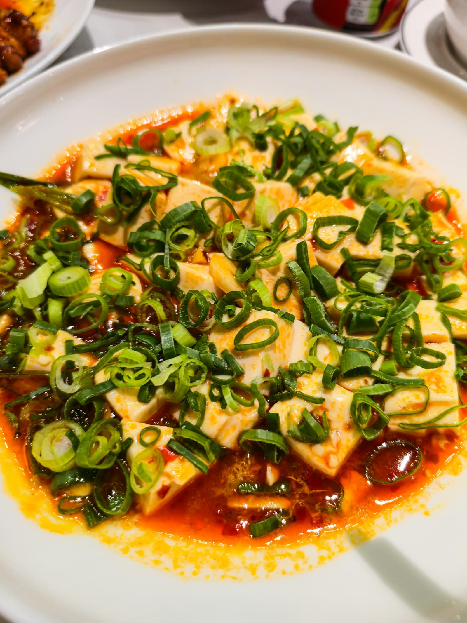 Mapo tofu with cubes of soft tofu in a spicy red sauce, topped with sliced green onions in a white bowl