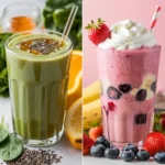 Side-by-side comparison of a green smoothie with chia seeds and a pink fruit smoothie topped with whipped cream and fresh berries.