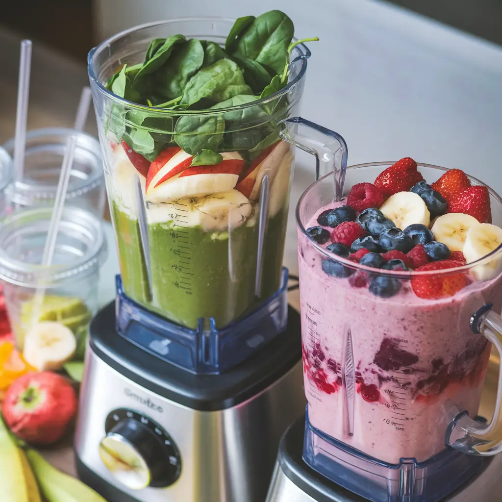 Two blenders filled with fresh ingredients for smoothies: one with spinach, apples, bananas, and green ingredients, and the other with berries, bananas, and yogurt