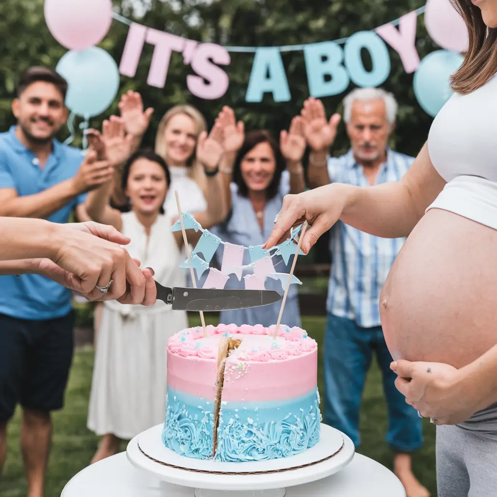 A pregnant woman cutting a pink and blue gender reveal cake with family cheering in the background under an "It's a Boy" banner